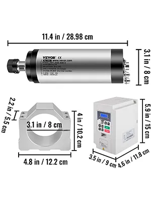 Kit de motor de husillo CNC VEVOR con dimensiones del motor, montaje y pantalla del controlador.