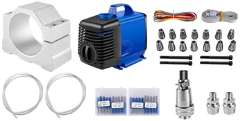 Kit de motor de husillo CNC VEVOR con accesorios que incluyen pinzas, bomba, soportes y cables.