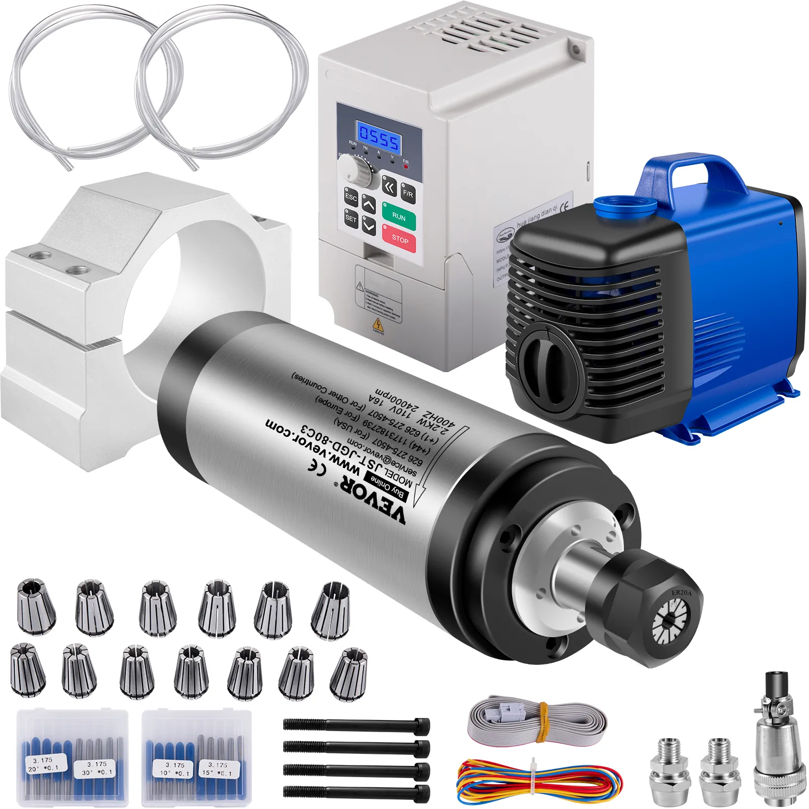 Kit de motor de husillo CNC VEVOR con controlador, bomba, juego de pinzas y cables.