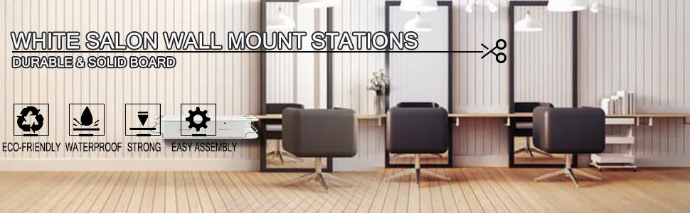 white salon wall mount stations with black chairs and large mirrors. eco-friendly, waterproof, strong, easy assembly. VEVOR styling station.