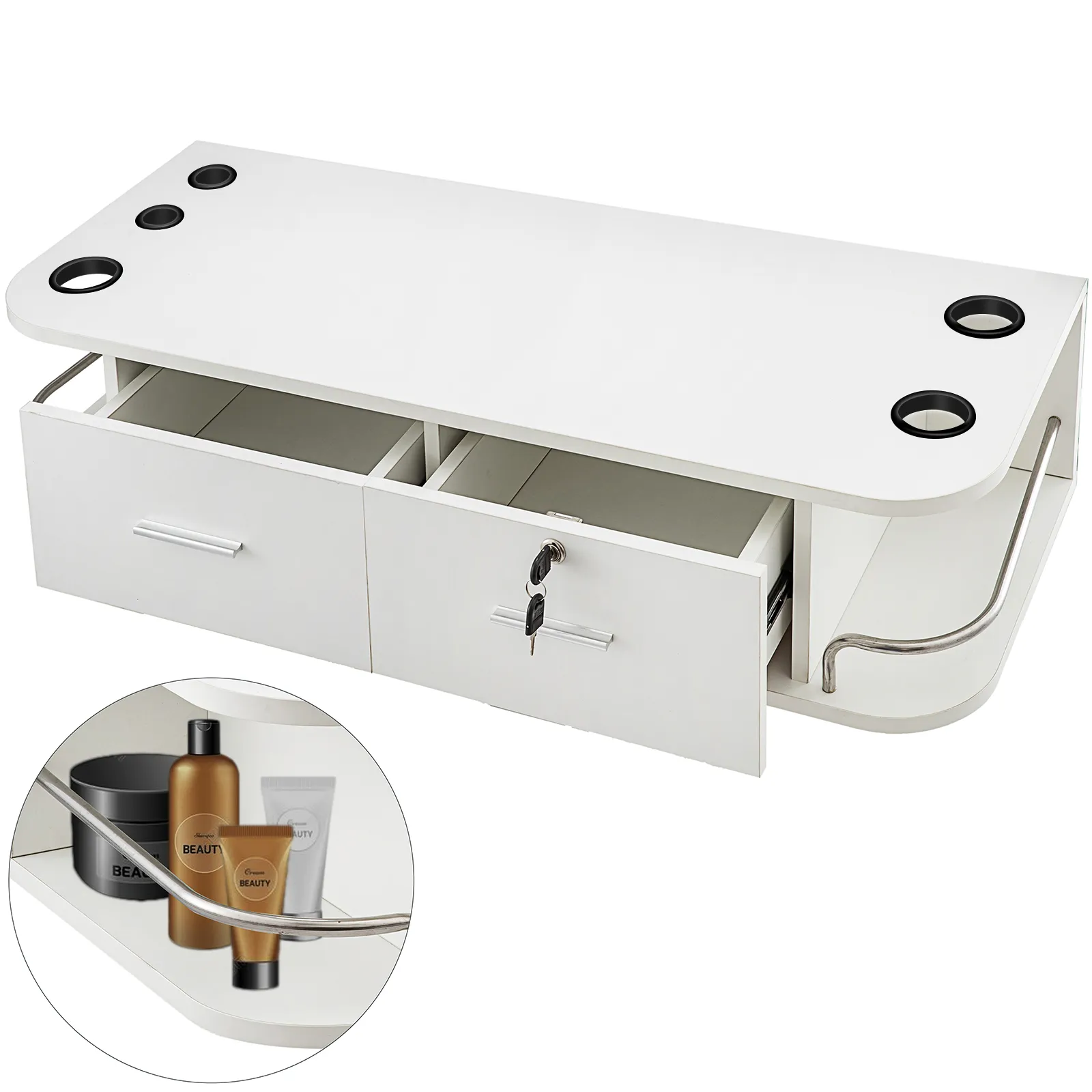white VEVOR styling station with storage drawers, metal rails, and product holders.