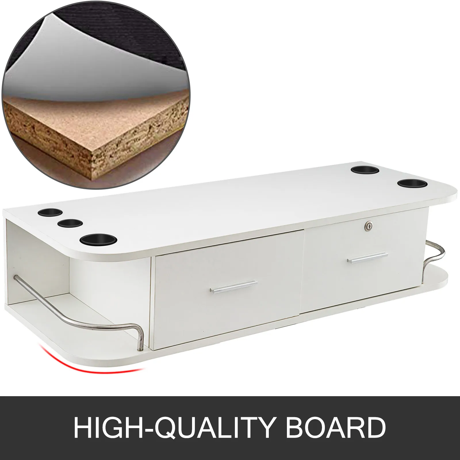 VEVOR styling station with drawers, shelves, and high-quality board material.