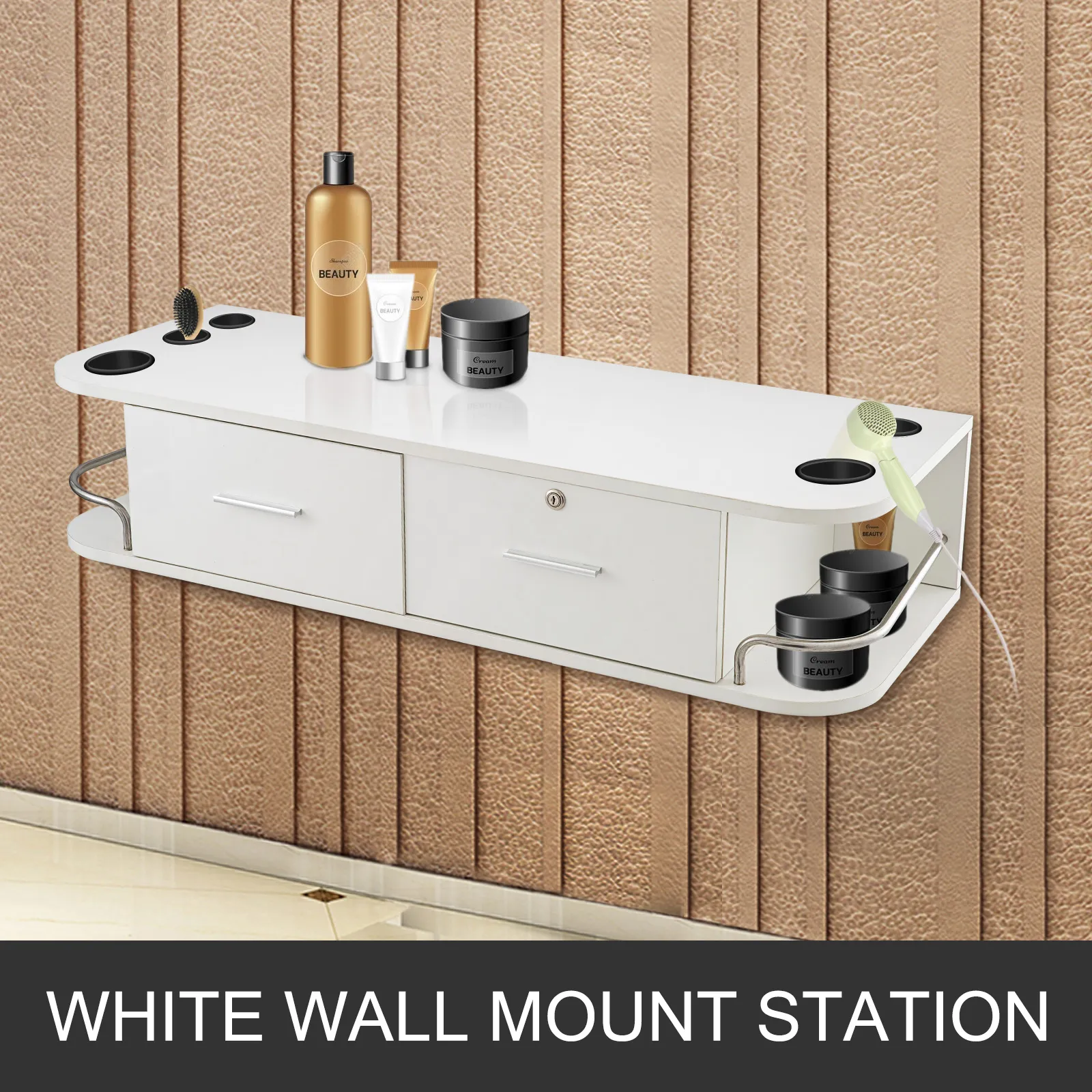 white wall mount station with styling products and tools on a textured wall.