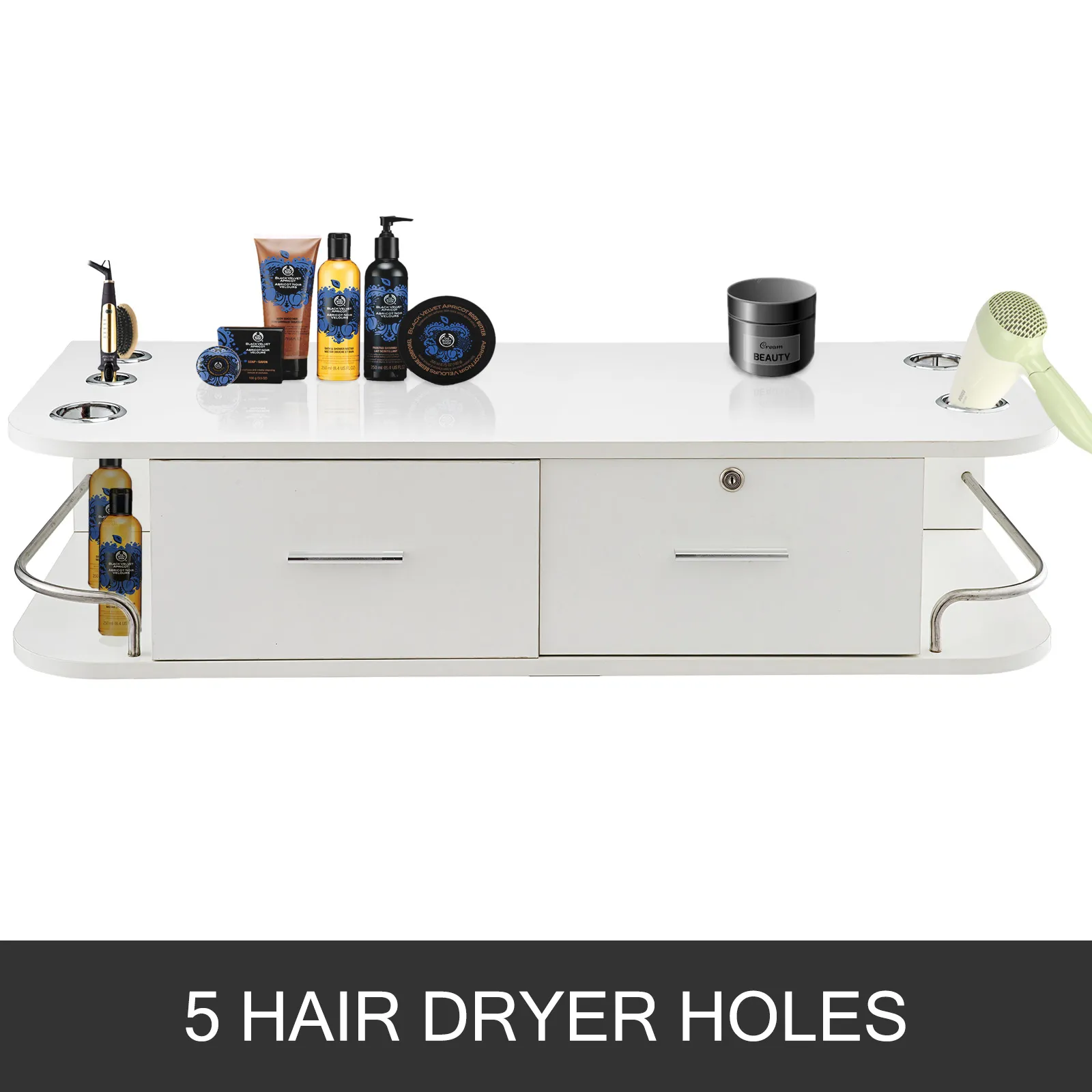 white VEVOR styling station with 5 hair dryer holes and various hair products.