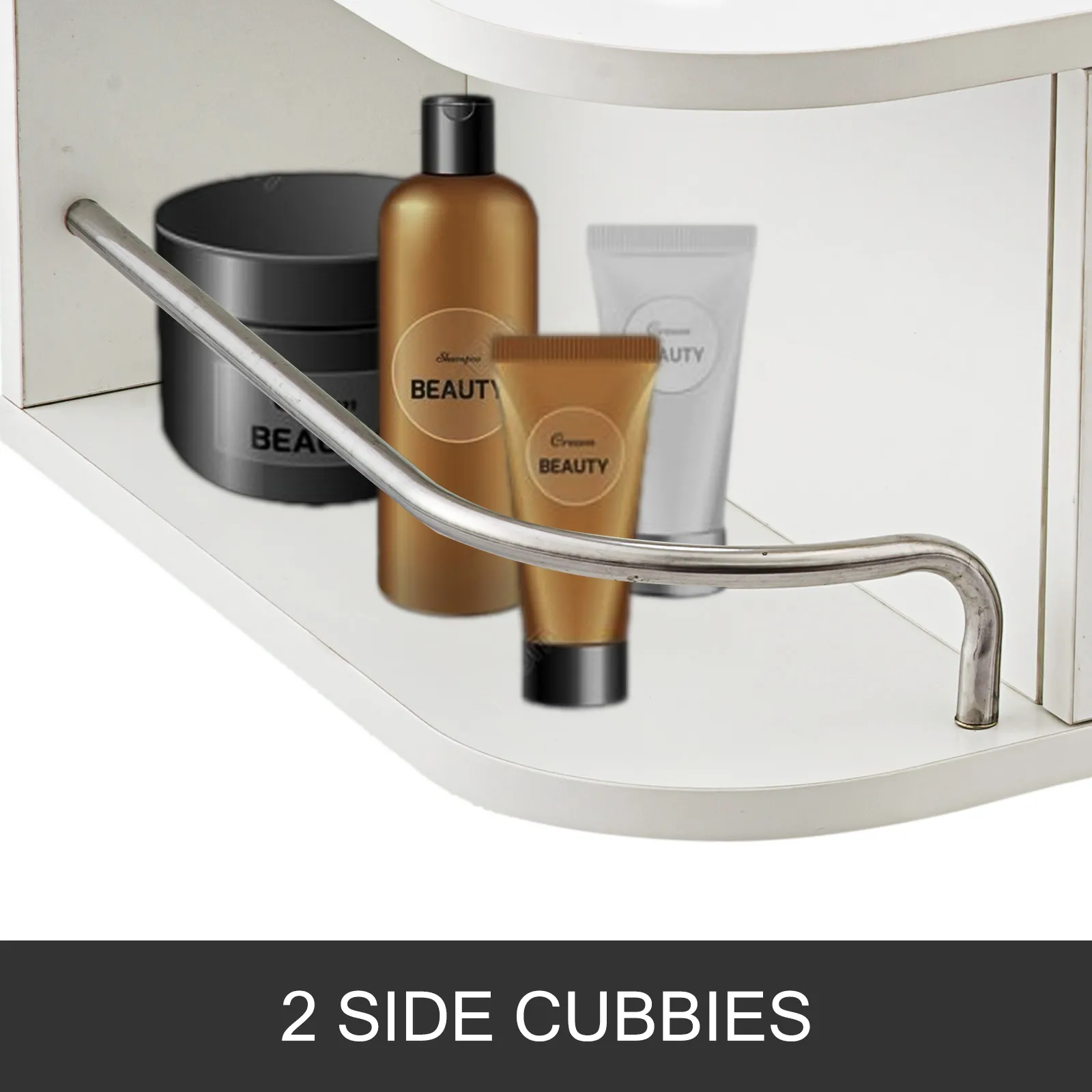 VEVOR styling station showcasing side cubbies with beauty product bottles and a metal bar.