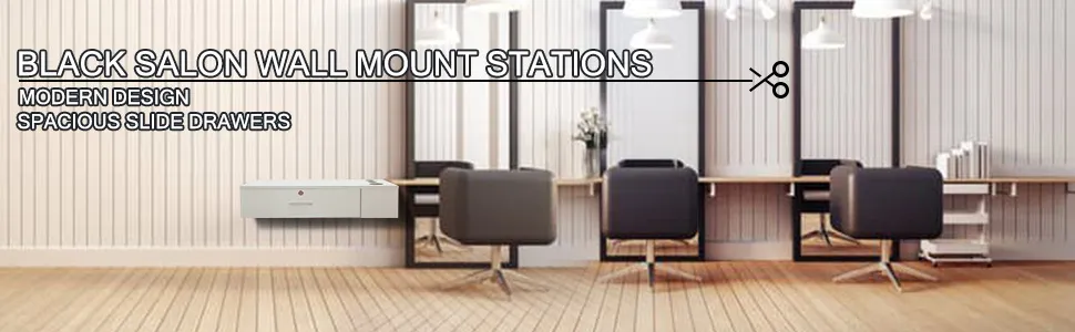 black salon wall mount station with mirrors and chairs in a modern design setup.