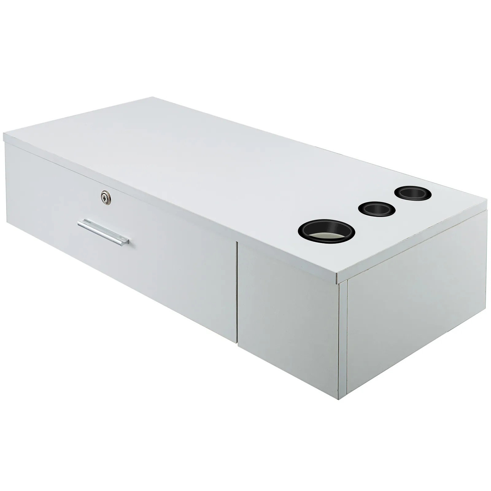 white VEVOR barber station with drawers and built-in appliance holders.