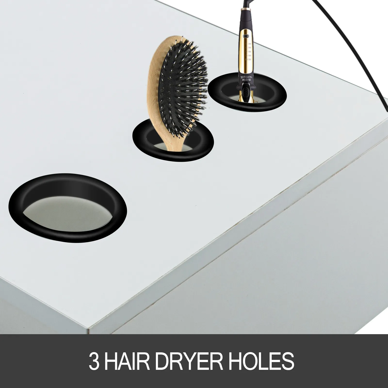 VEVOR barber station with 3 hair dryer holes featuring a brush and a curling iron.