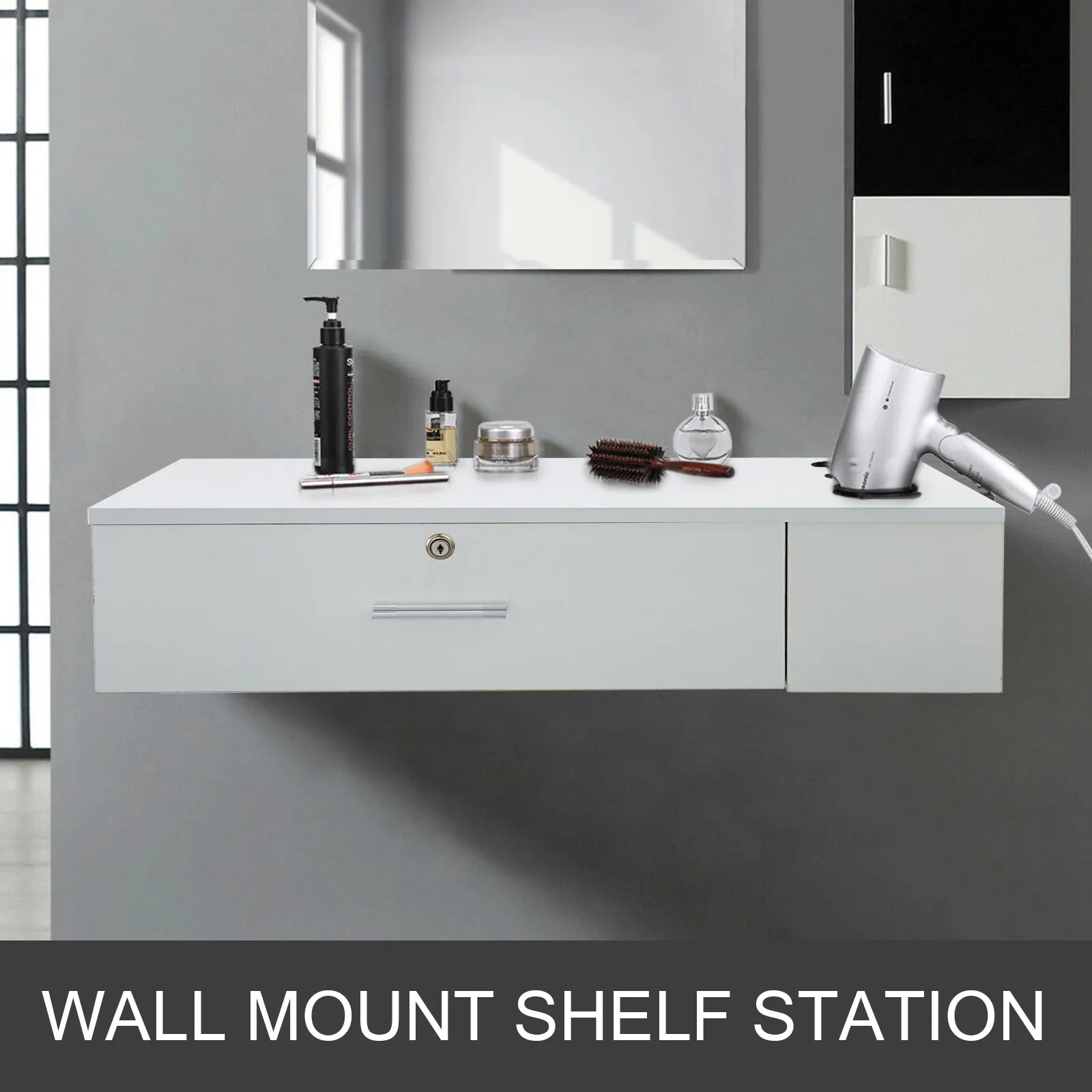 modern VEVOR barber station with tools, mirror, and wall-mounted shelf.