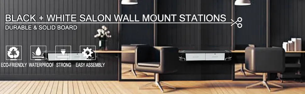 modern salon with VEVOR salon styling station in black and white, featuring eco-friendly materials.