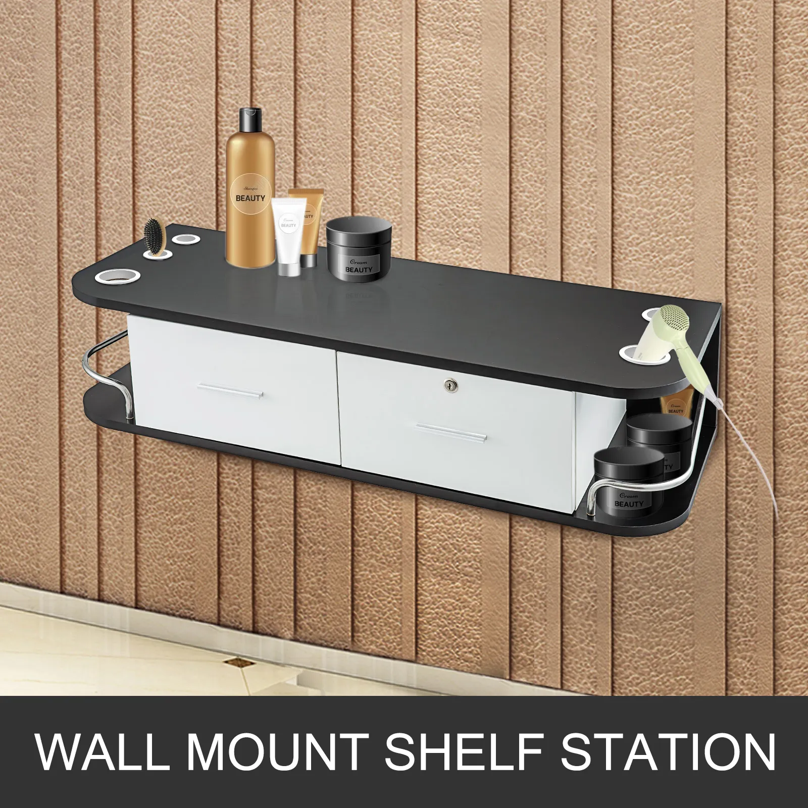 VEVOR salon styling station with shelves, drawers, and beauty products on wall.