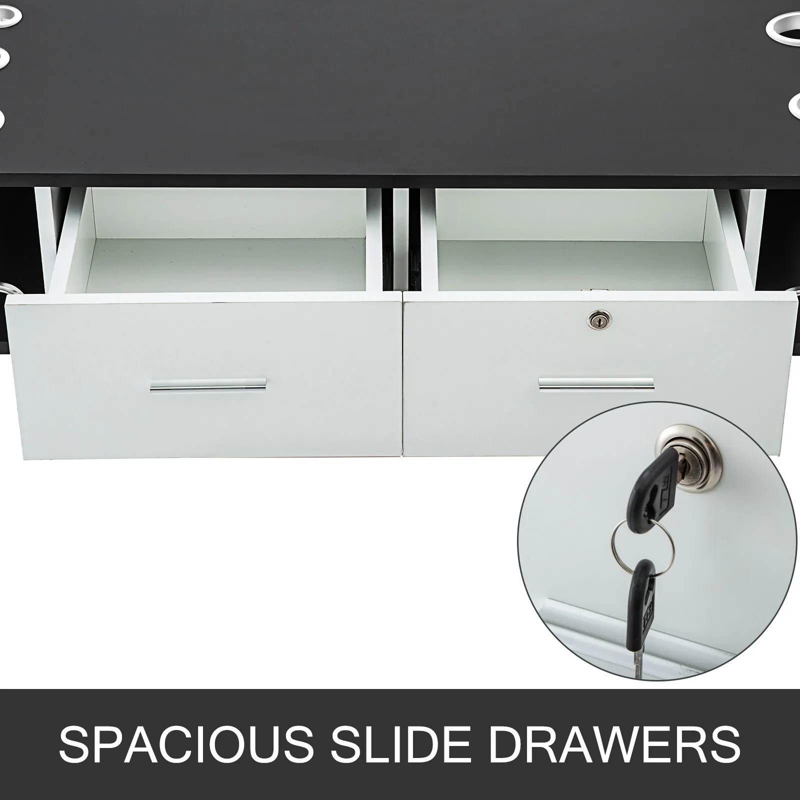 VEVOR salon styling station with spacious slide drawers and locking mechanism.