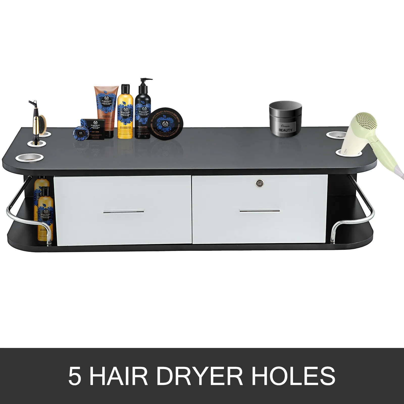 VEVOR salon styling station with hair products and 5 hair dryer holes.