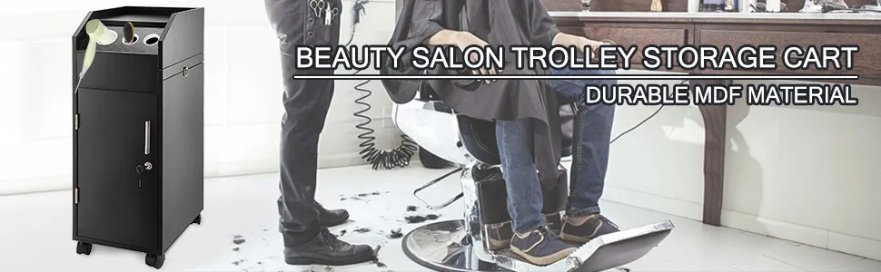 Carrito de salón VEVOR en una barbería con un cliente cortándose el pelo.