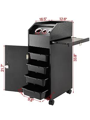 Carrito de salón VEVOR con cuatro cajones, estante lateral y ruedas giratorias. Dimensiones mostradas.
