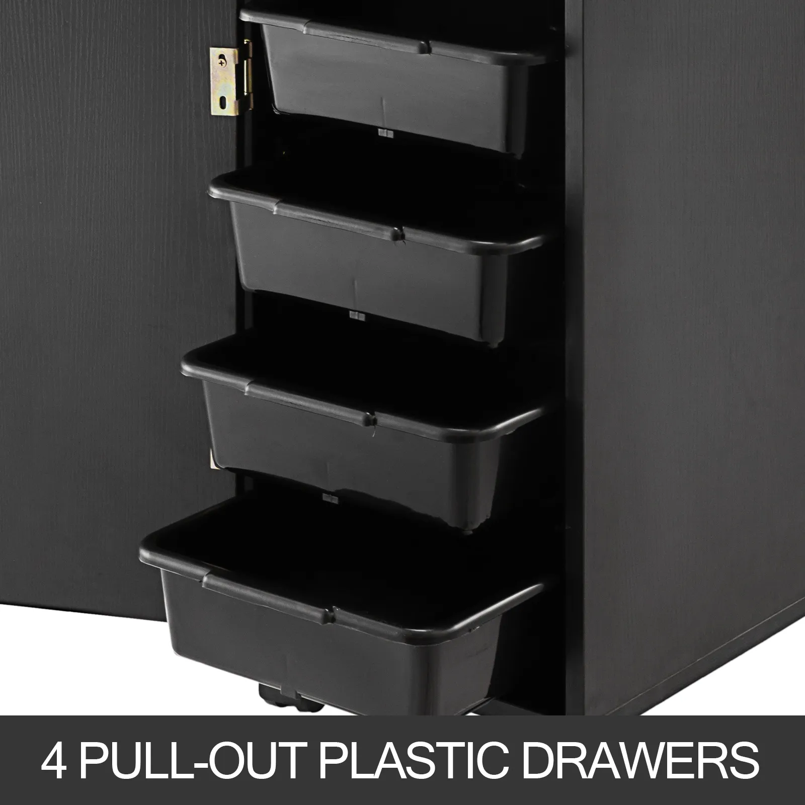 Carrito de salón VEVOR con 4 cajones de plástico extraíbles, color negro.