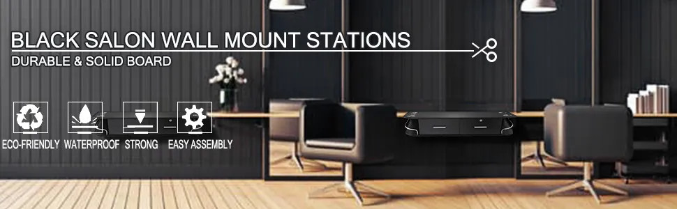 VEVOR black styling station in modern salon with wall mount and black chairs.