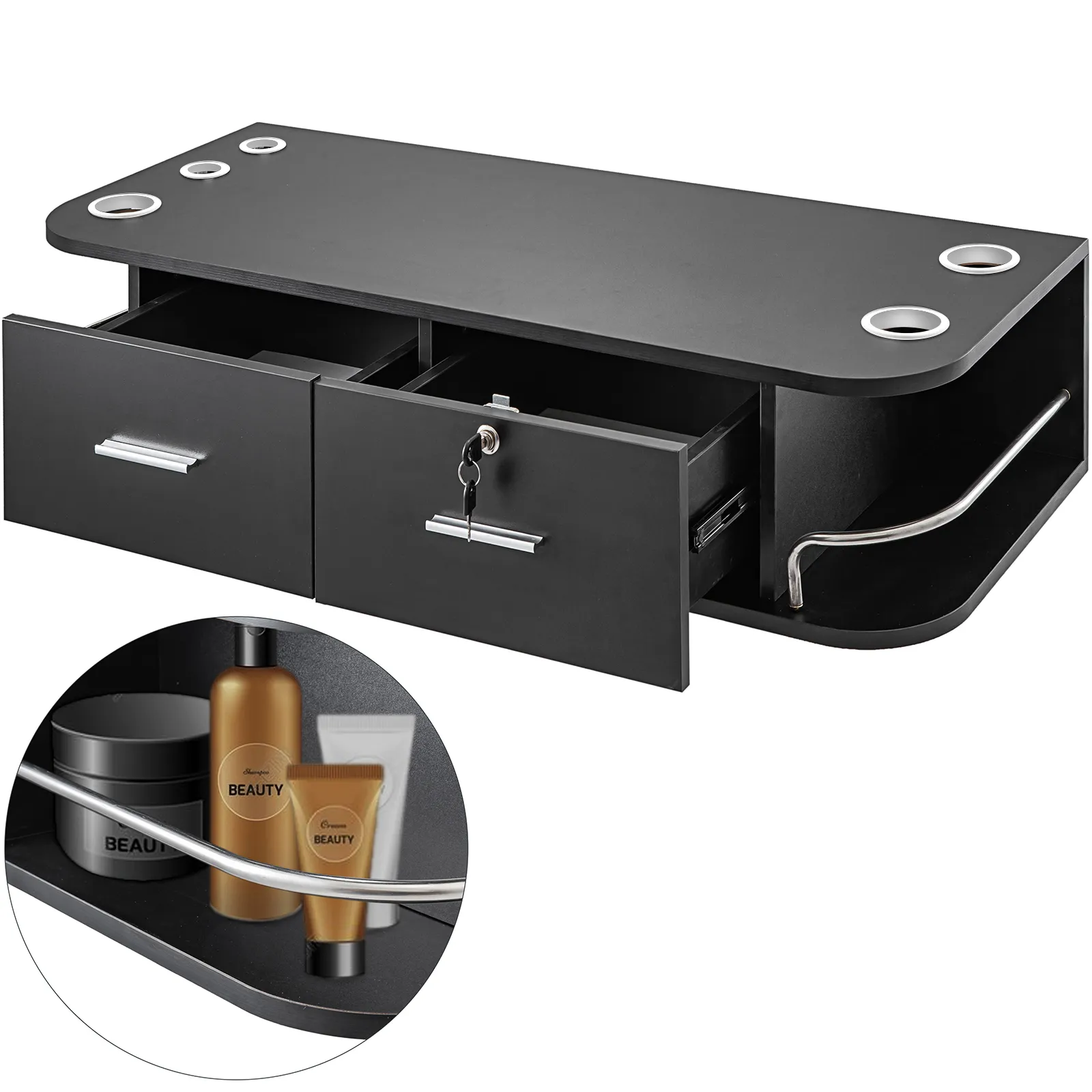 VEVOR black styling station with drawers, key lock, and bottle storage.