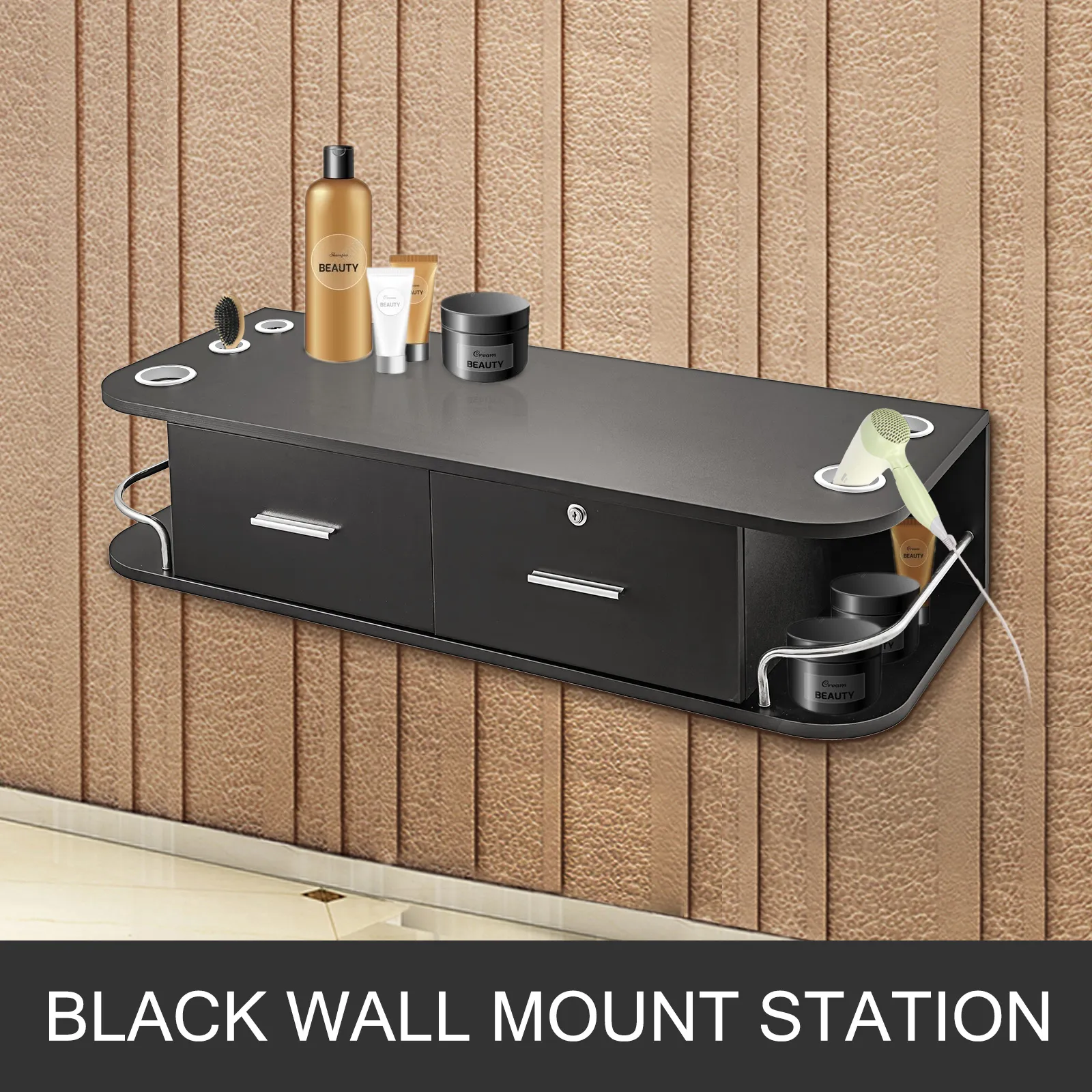 VEVOR black styling station with beauty products and hairdryer, wall-mounted.