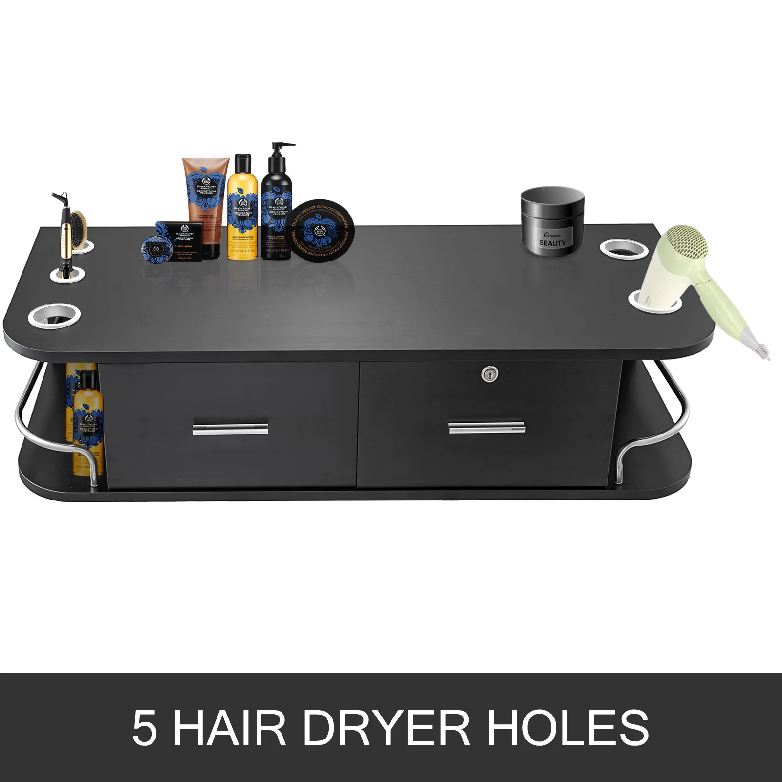 VEVOR black styling station with 5 dryer holes, products on countertop.