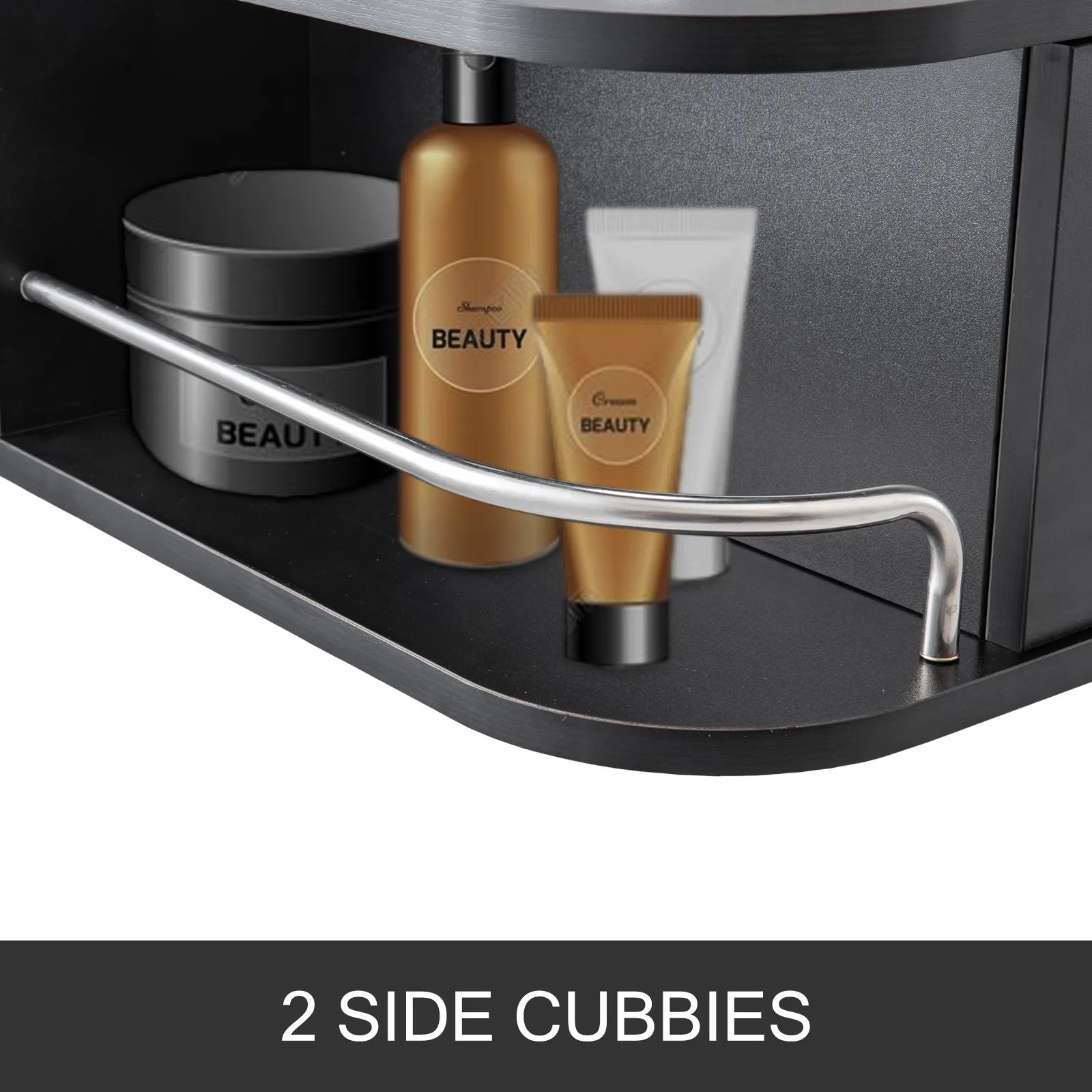 VEVOR black styling station with beauty products in two side cubbies.