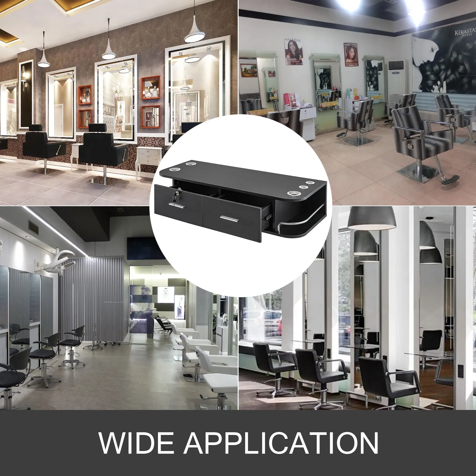 VEVOR black styling station in various modern salon settings, showcasing wide application.