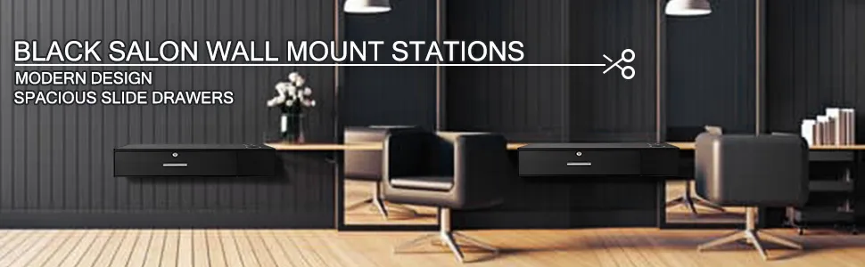 black salon wall mount stations: modern design with spacious slide drawers.