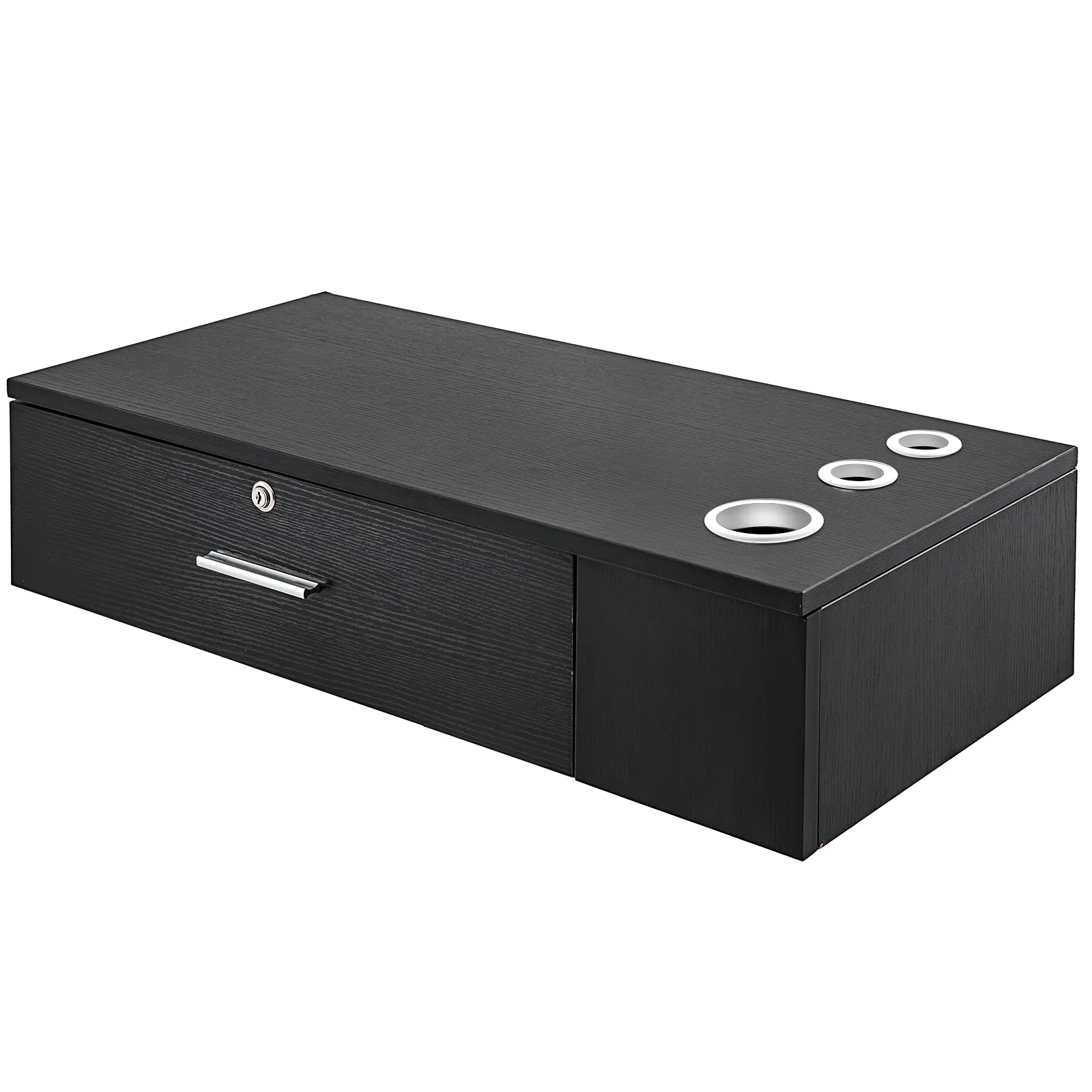 black VEVOR salon station with drawer and three steel-ring appliance holders.