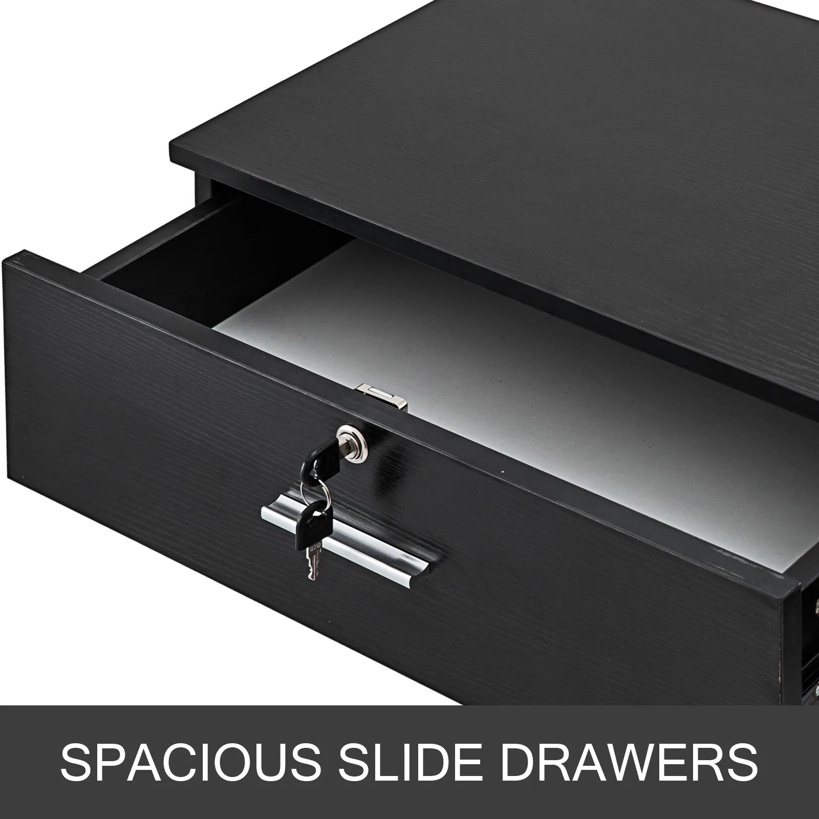 VEVOR salon station black drawer with lock and key, labeled "spacious slide drawers".