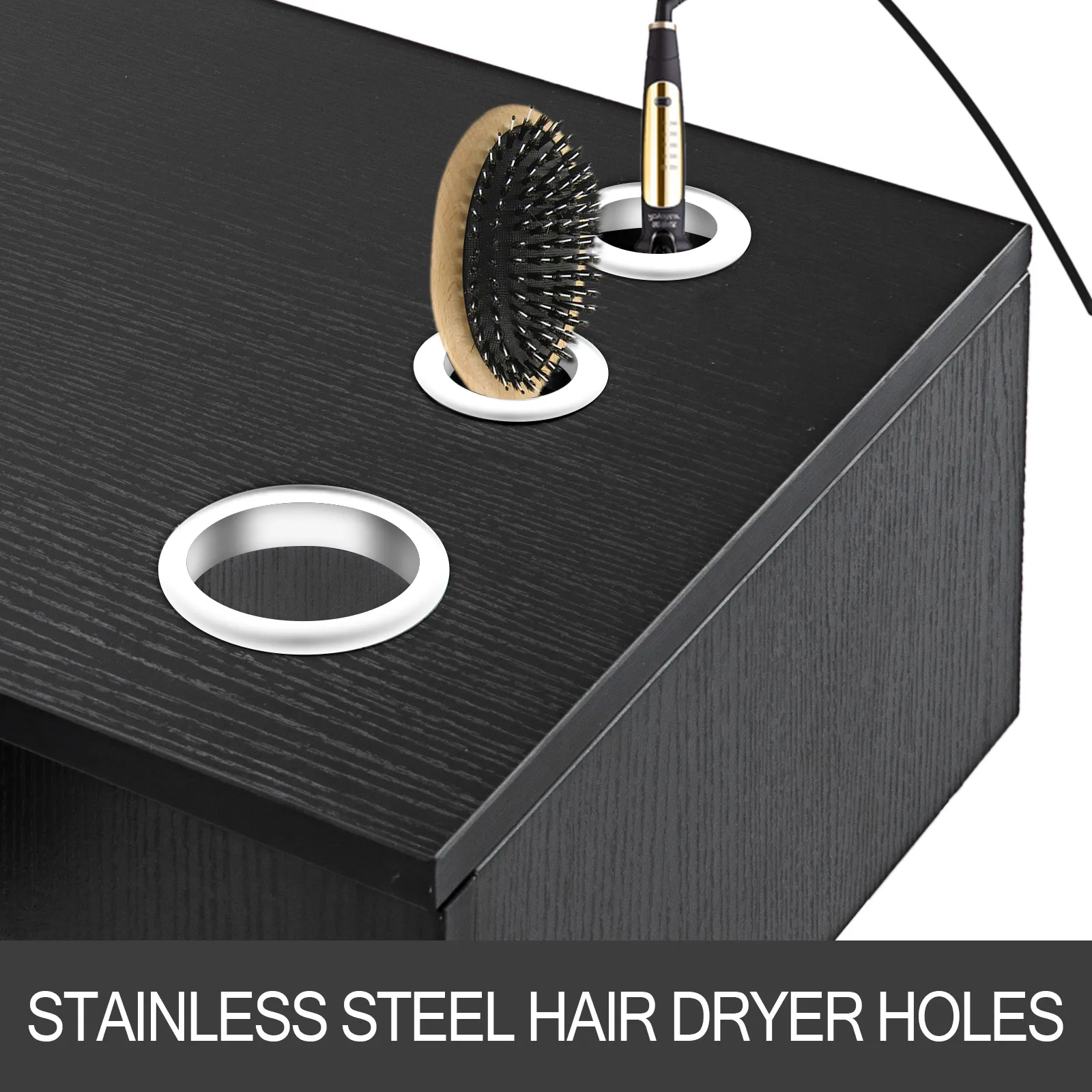 VEVOR salon station with stainless steel hair dryer holes and a brush.