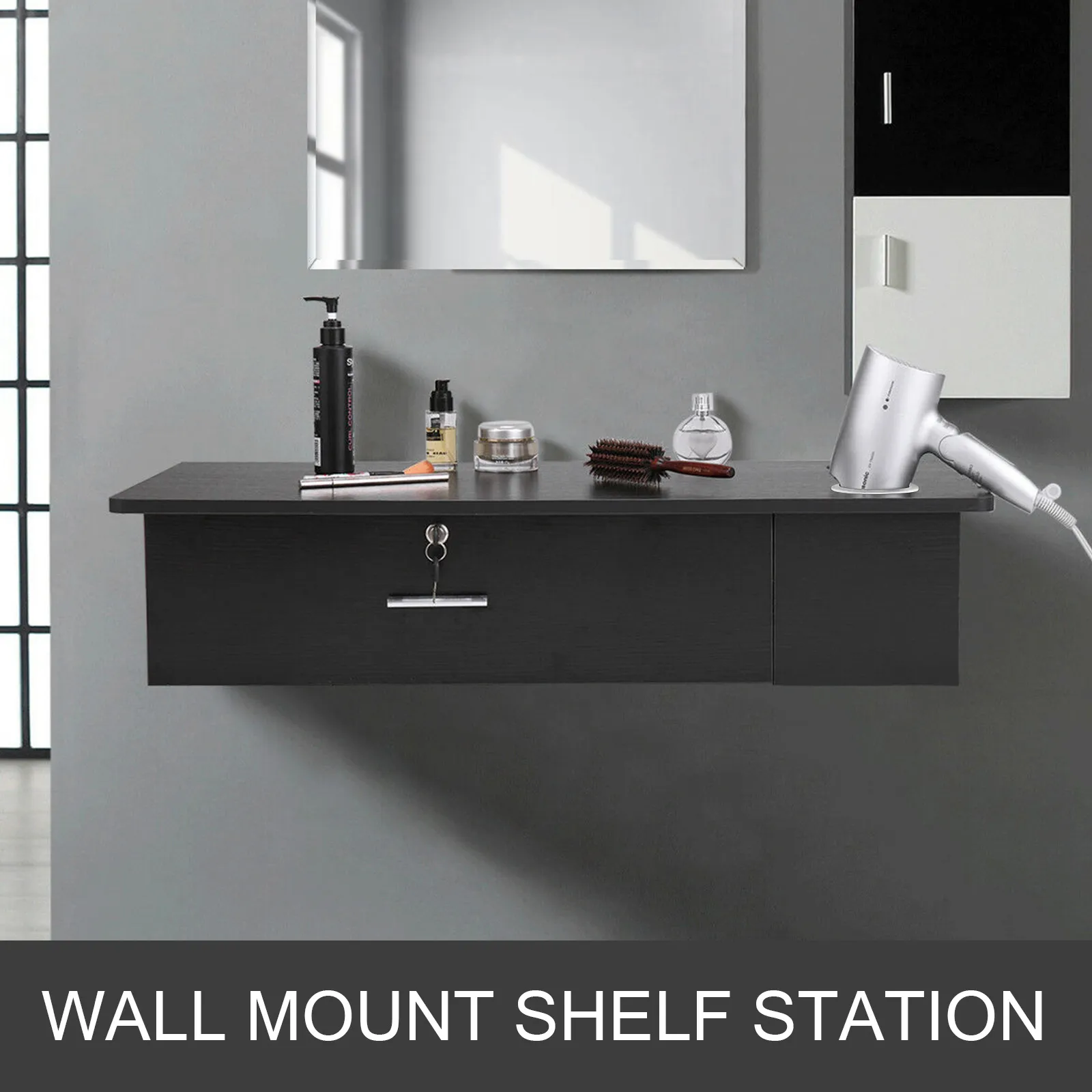 black VEVOR salon station with mirror, hairdryer, brush, and essentials on gray wall.