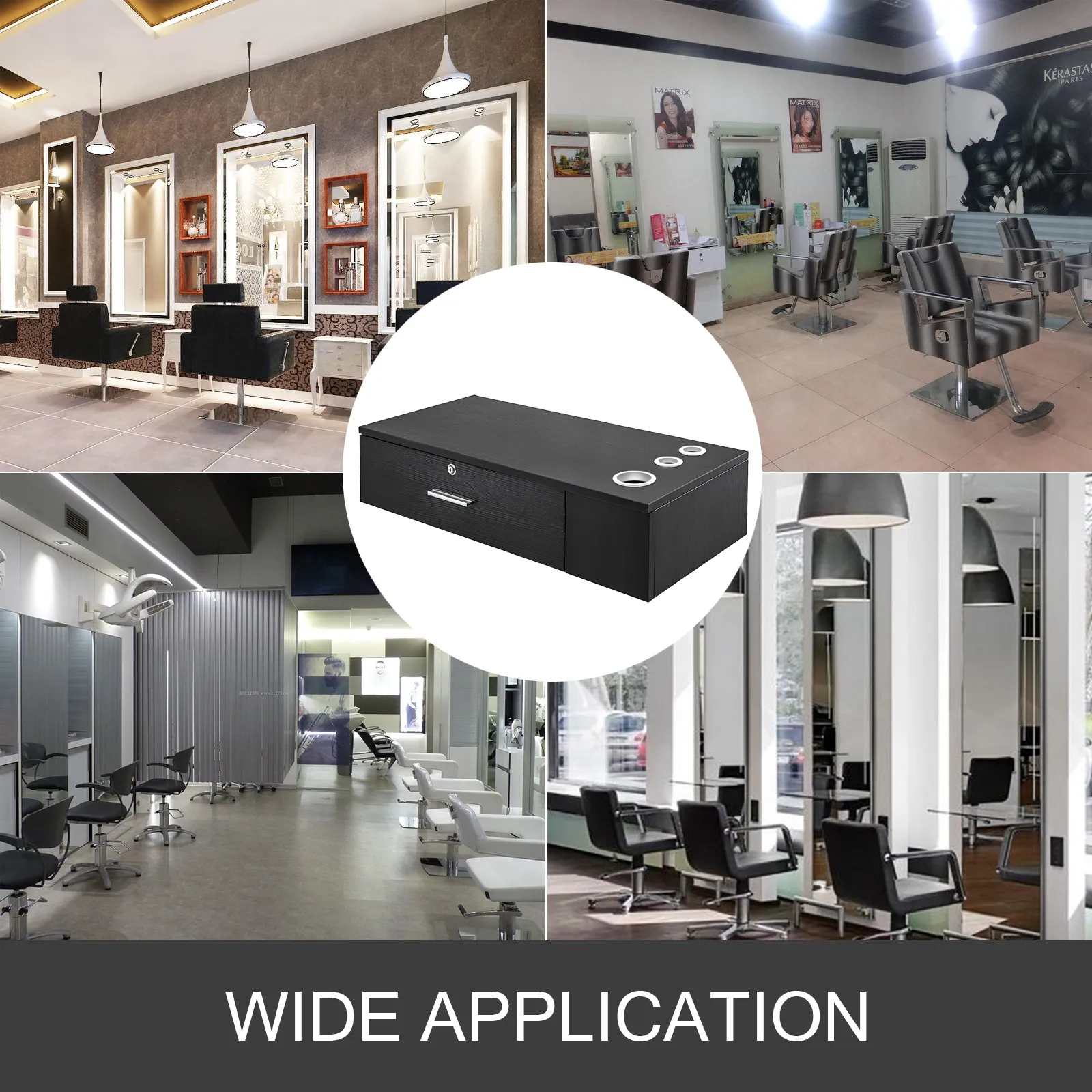 VEVOR salon station displayed in various stylish salon settings, showcasing wide application.