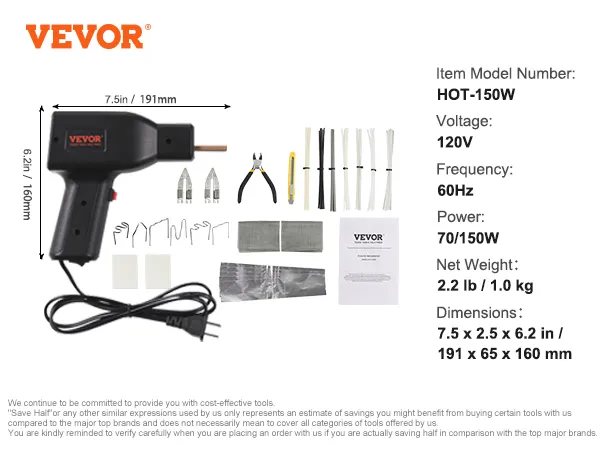 Kit de soldadura de plástico VEVOR en caliente-150w con accesorios, 120v, potencia 70/150w, dimensiones 7,5 x 6,2 pulgadas.