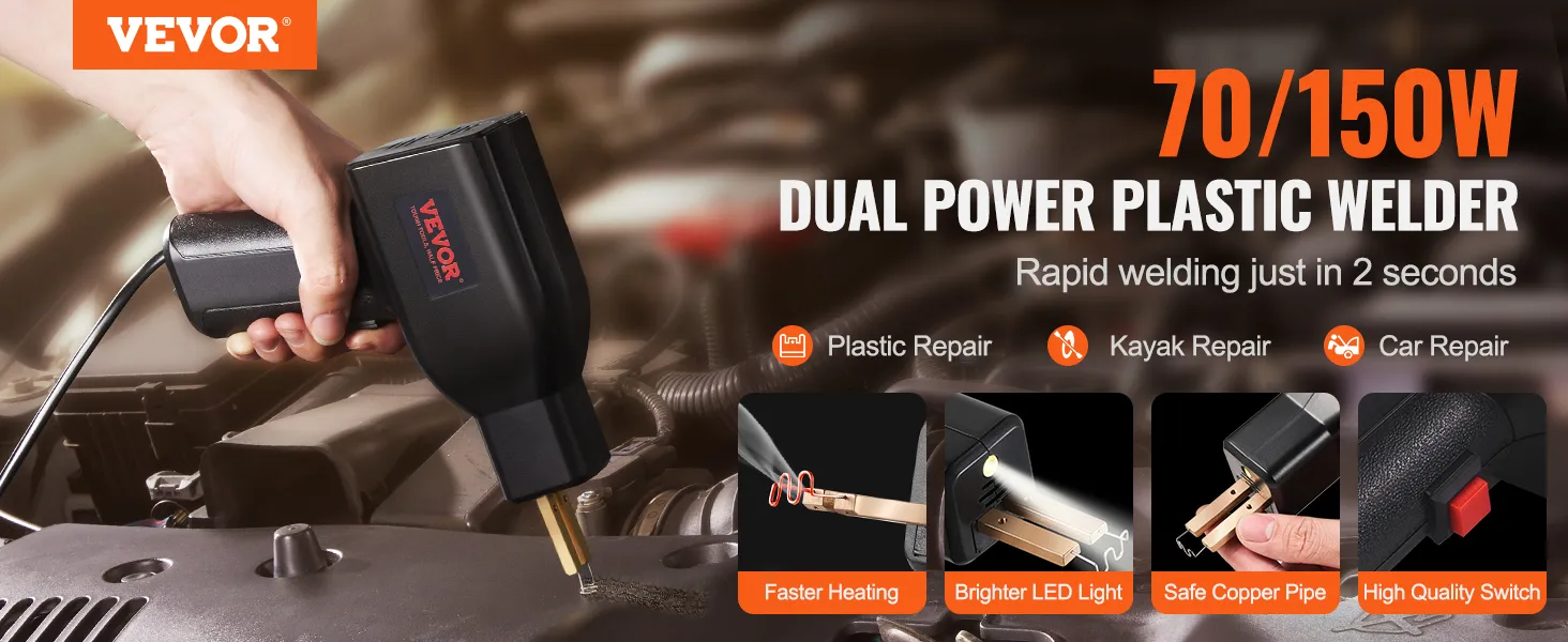 Kit de soldadura de plástico VEVOR, soldador de doble potencia, ideal para reparaciones de plástico, kayak y automóviles, 70/150w.