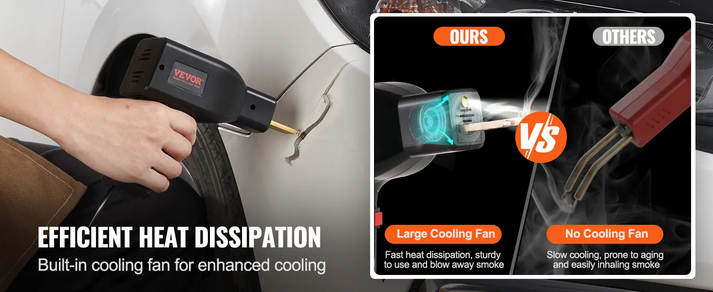 Mano utilizando el kit de soldadura de plástico VEVOR en el parachoques del automóvil, mostrando su eficiente característica de disipación de calor.