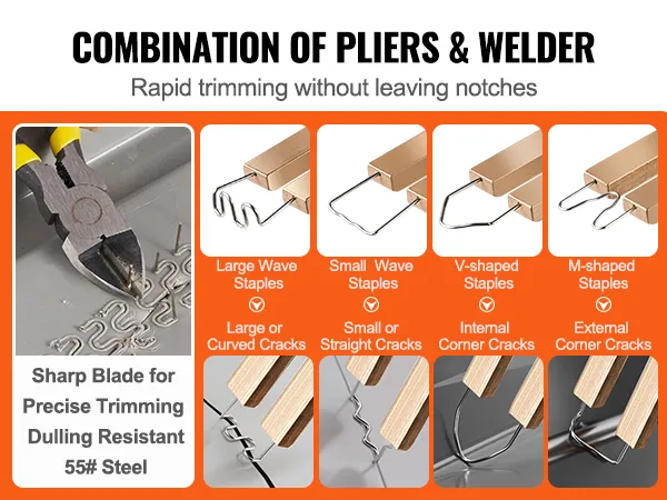Alicates y soldador para cortes precisos utilizando el kit de soldadura de plástico VEVOR con varios tipos de grapas que se muestran.