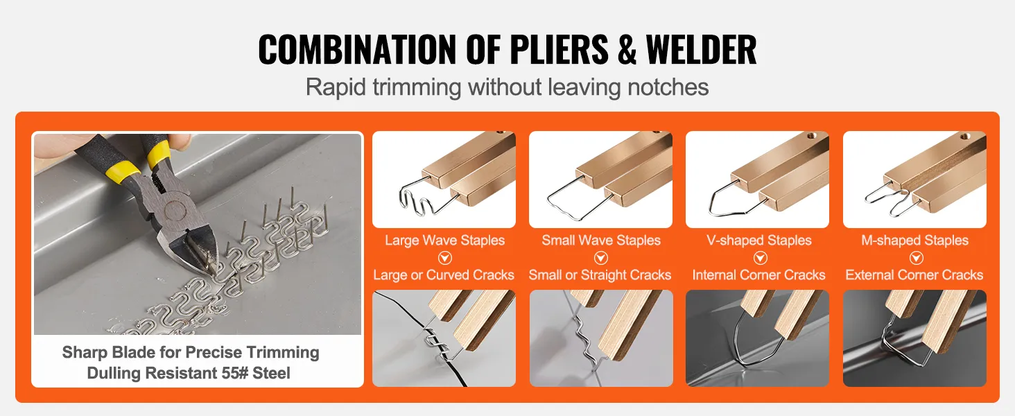 Alicates y soldador para cortes precisos utilizando el kit de soldadura de plástico VEVOR con varios tipos de grapas que se muestran.