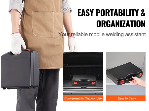 Hombre sosteniendo el kit de soldadura de plástico VEVOR, mostrando su portabilidad en el maletero de un automóvil y su estuche de fácil transporte.