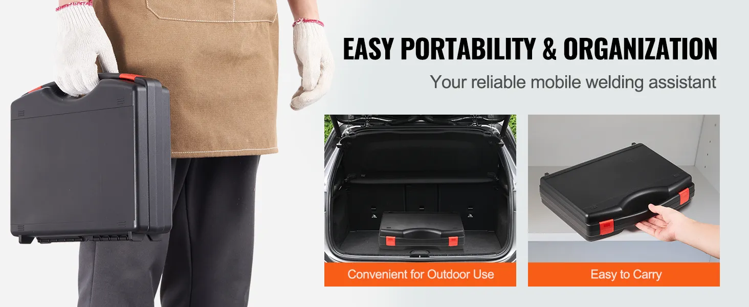 Hombre sosteniendo el kit de soldadura de plástico VEVOR, mostrando su portabilidad en el maletero de un automóvil y su estuche de fácil transporte.