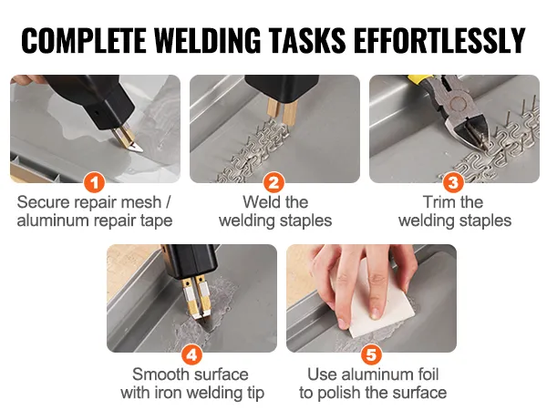 Uso paso a paso del kit de soldadura de plástico VEVOR: asegurar, soldar, recortar, alisar y pulir superficies.