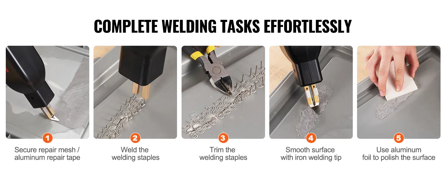 Uso paso a paso del kit de soldadura de plástico VEVOR: asegurar, soldar, recortar, alisar y pulir superficies.