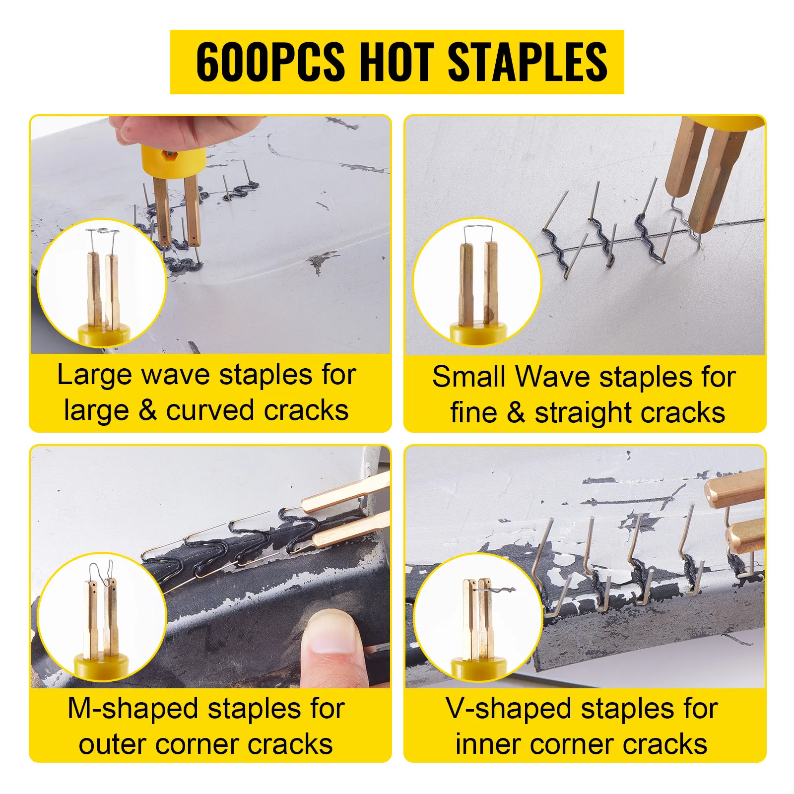 VEVOR plastic repair kit with 600 hot staples for various crack repairs.