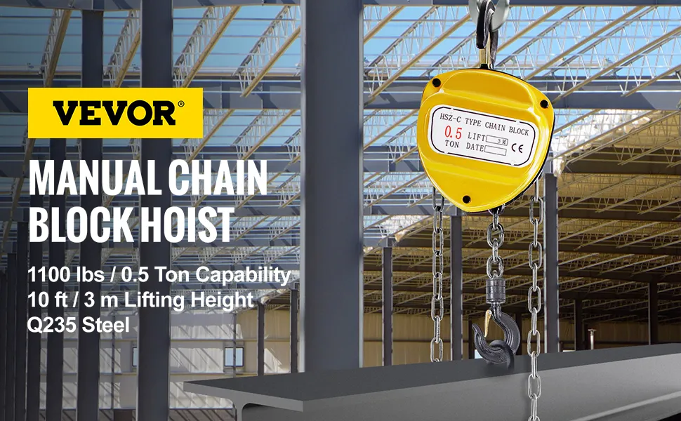 VEVOR chain hoist with 0.5 ton capacity and 10 ft lifting height in warehouse.