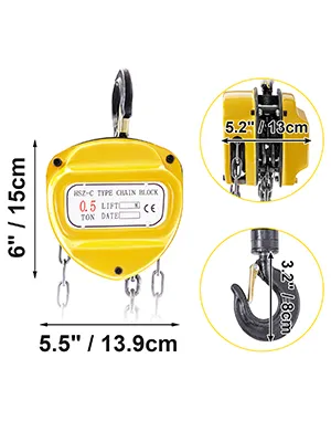 yellow VEVOR chain hoist with 0.5-ton capacity, dimensions shown in inches and centimeters.
