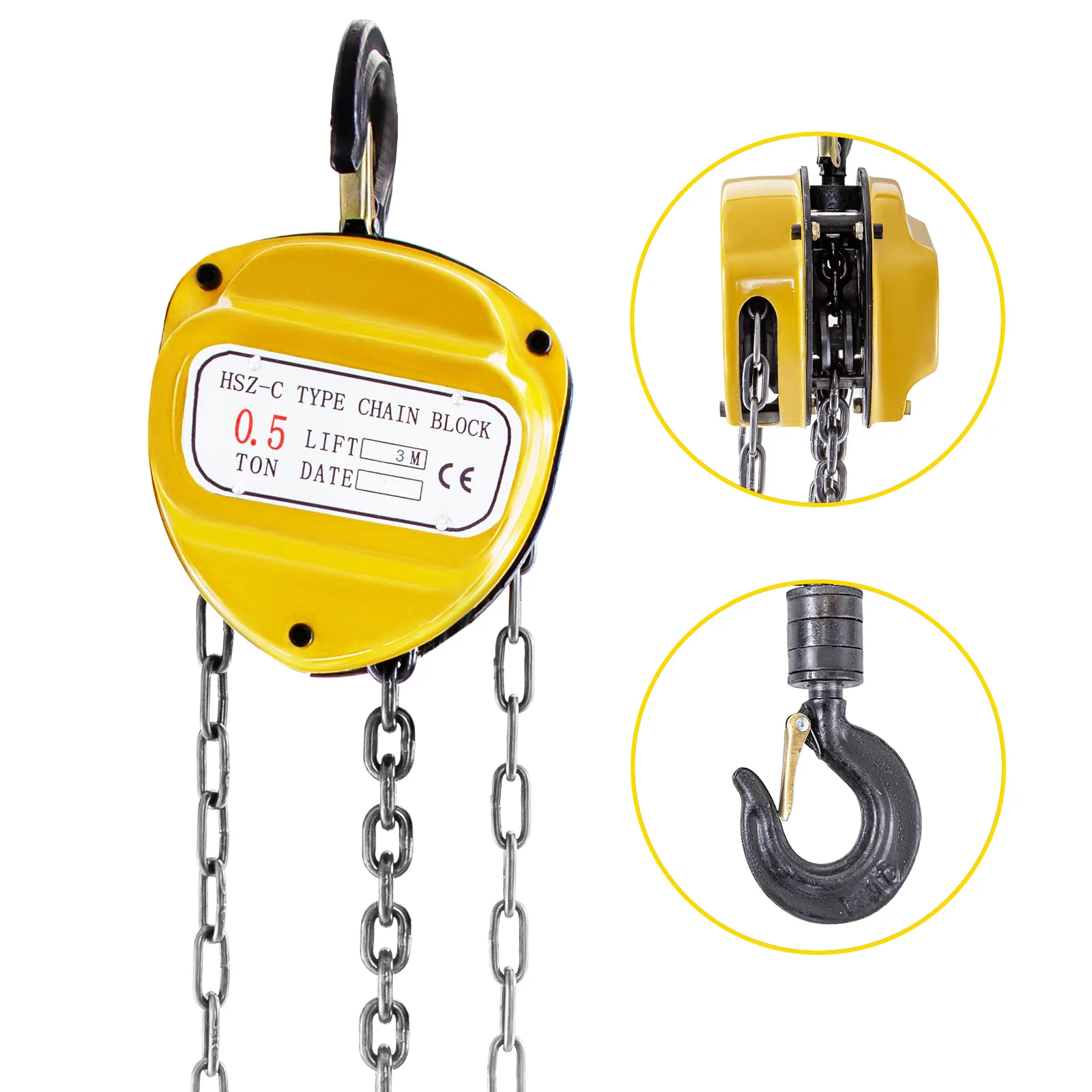 yellow VEVOR chain hoist with load chain, durable hook, and 0.5-ton capacity.