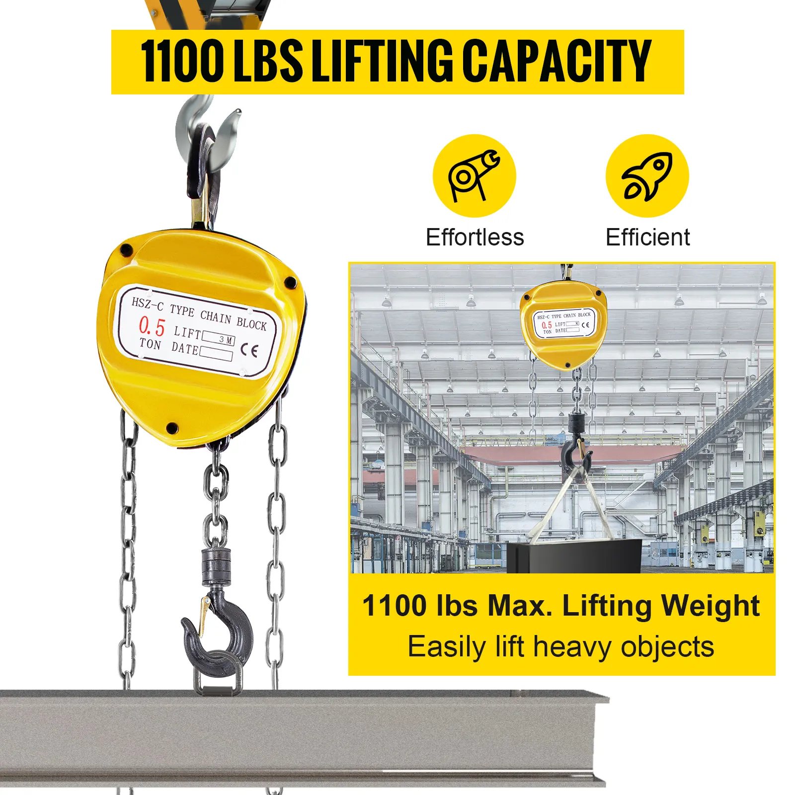 VEVOR chain hoist lifting 1100 lbs effortlessly and efficiently in a warehouse.