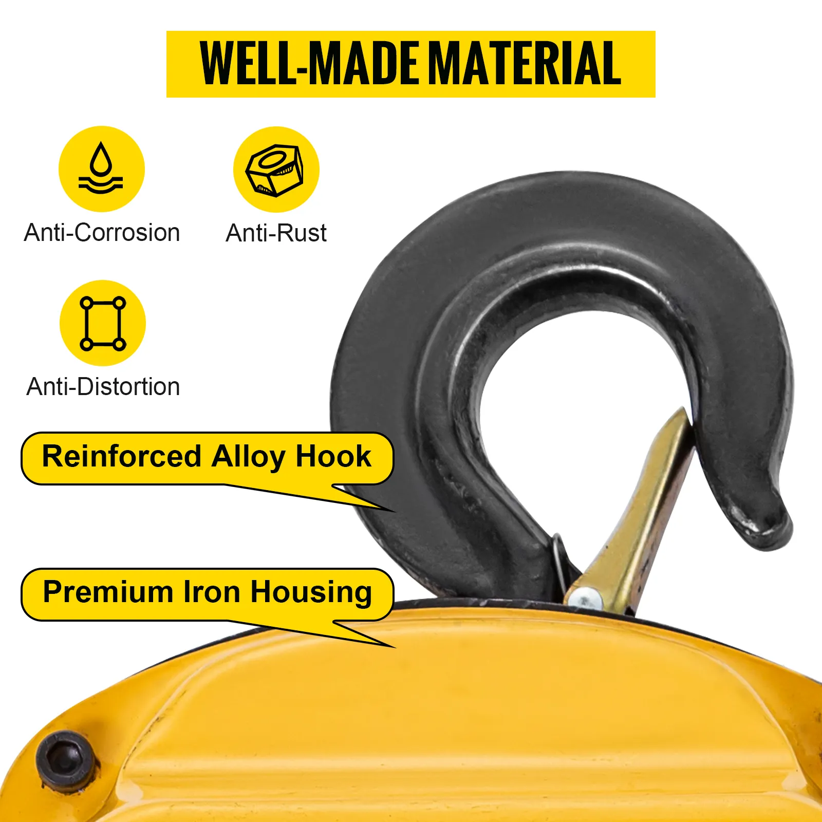 VEVOR chain hoist with reinforced alloy hook and premium iron housing, anti-corrosion/rust.