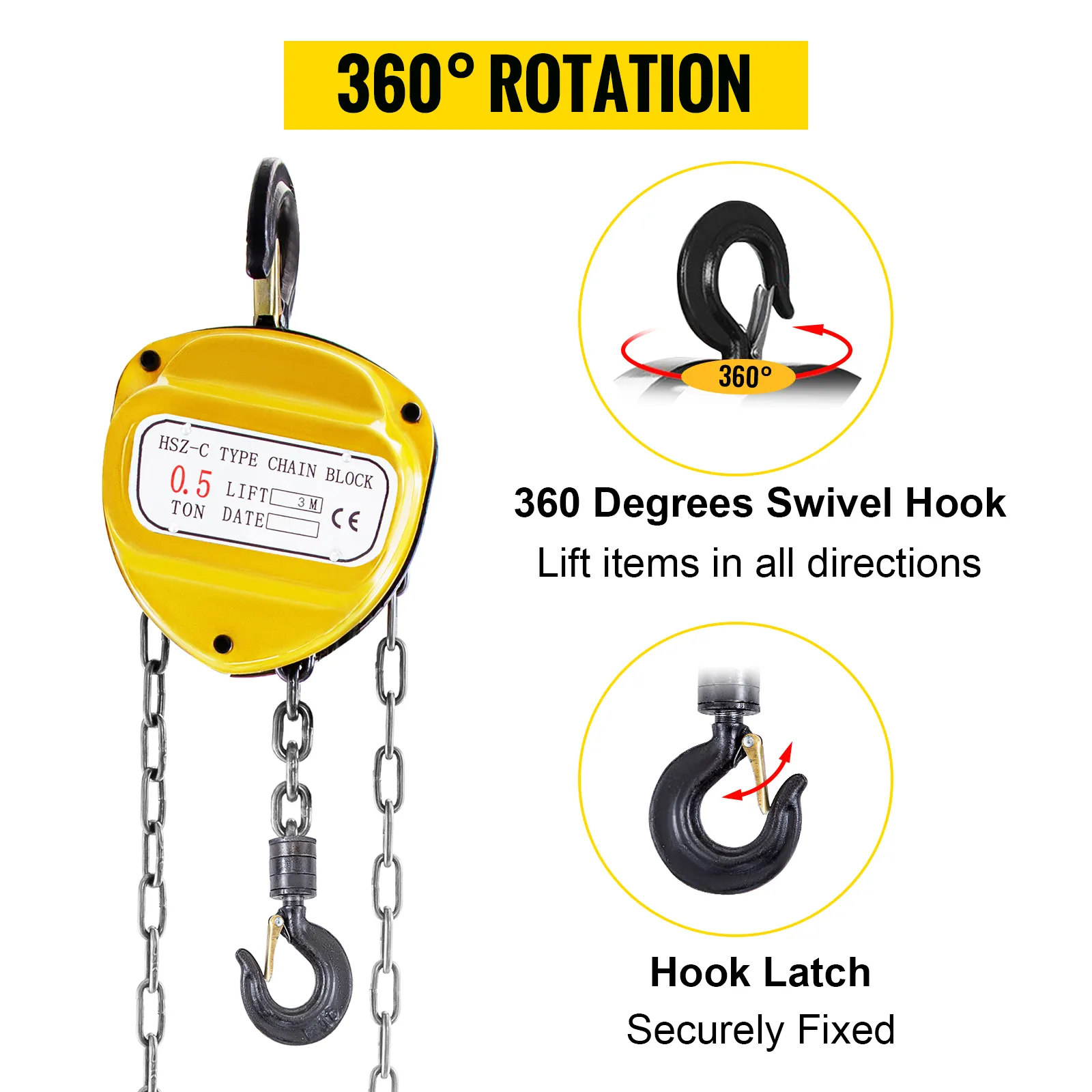 VEVOR chain hoist with 360-degree swivel hook and secure hook latch.