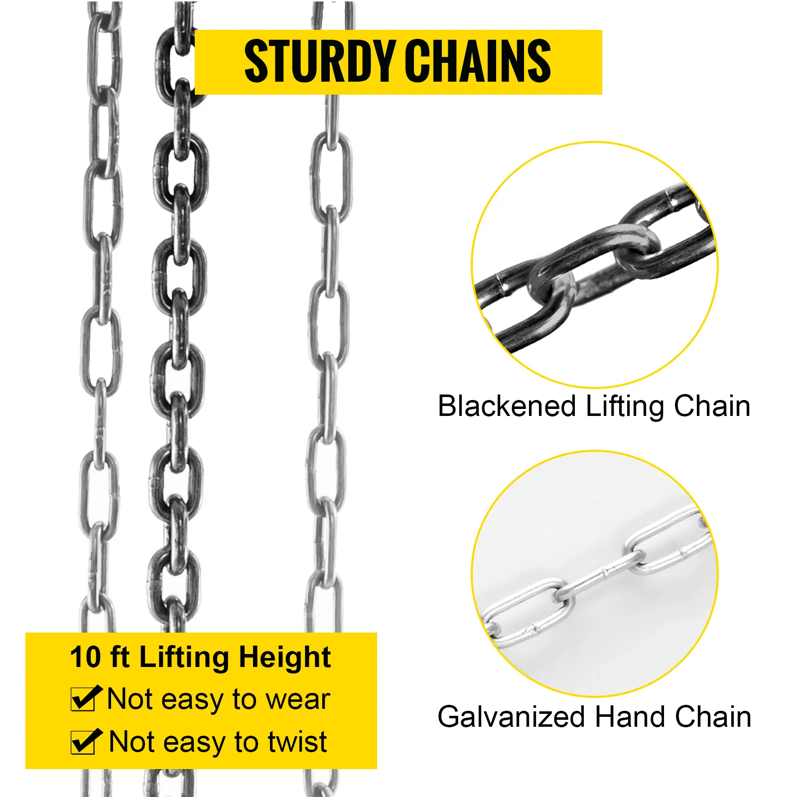 VEVOR chain hoist with 10 ft lifting height, sturdy blackened and galvanized chains.