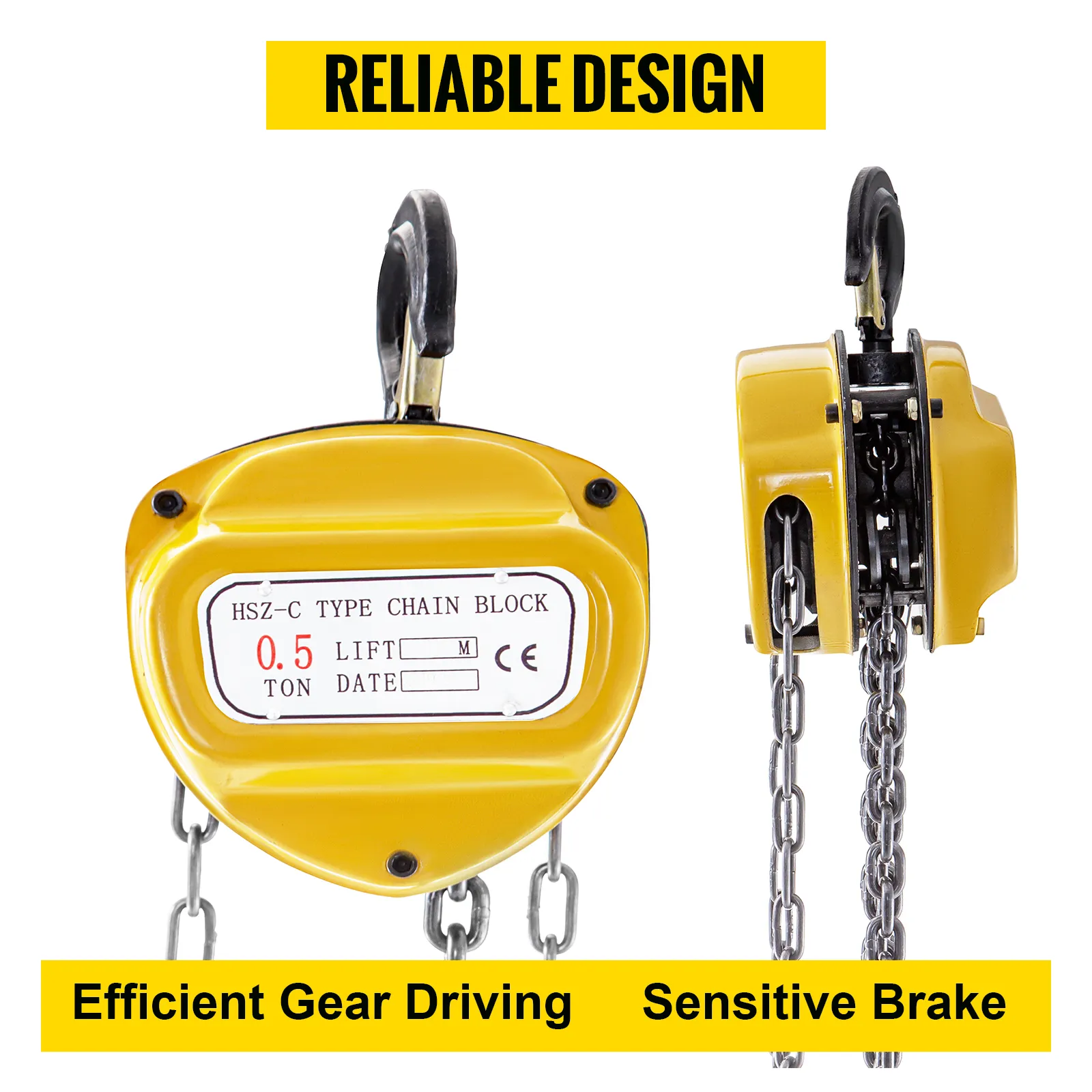 yellow VEVOR chain hoist with reliable design, efficient gear driving, and sensitive brake.